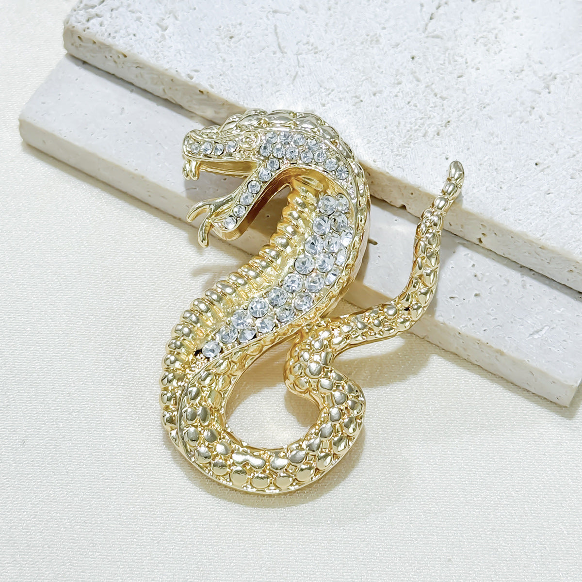 Gold Rhinestone Snake Brooch Side View