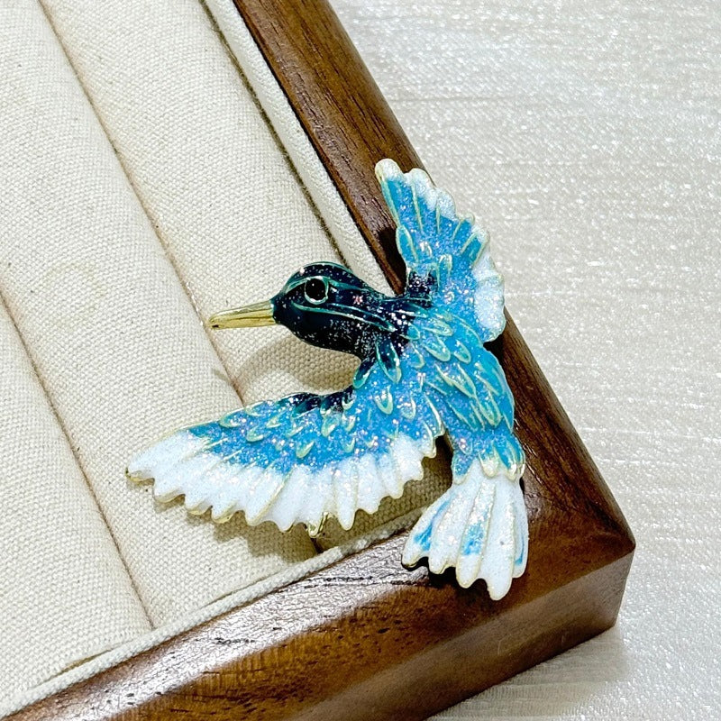 Blue wing bird enamel brooch women
