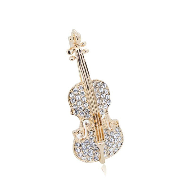Chic Violin Brooch for Women - Rhinestone Pin Front View