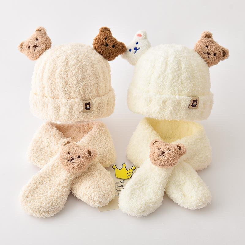 Baby winter hat set with plush bear design image 1