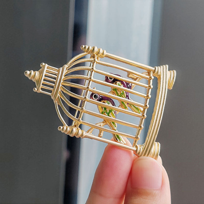 Elegant Vintage Birdcage Brooch with Bird Design