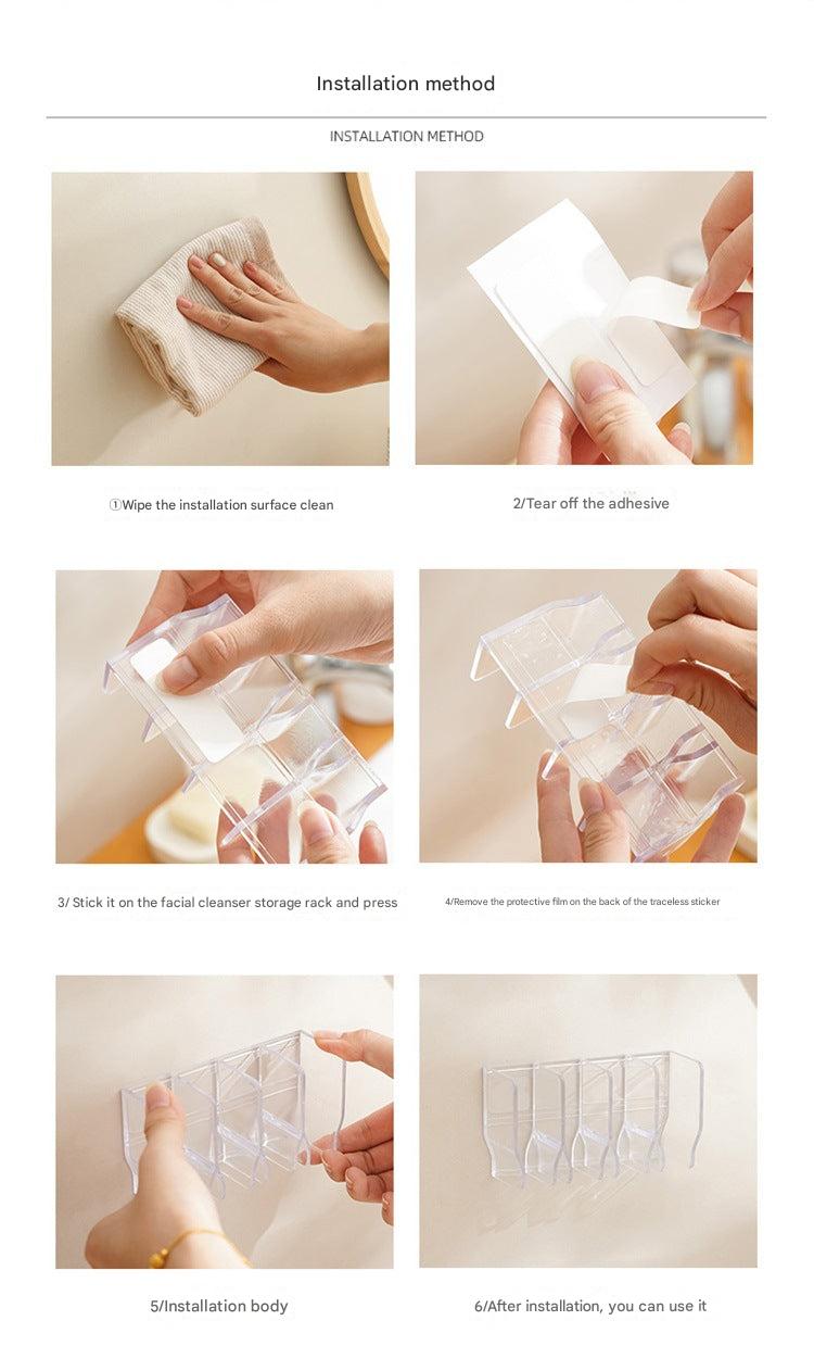 Image of wall-mounted bathroom organizer with face wash