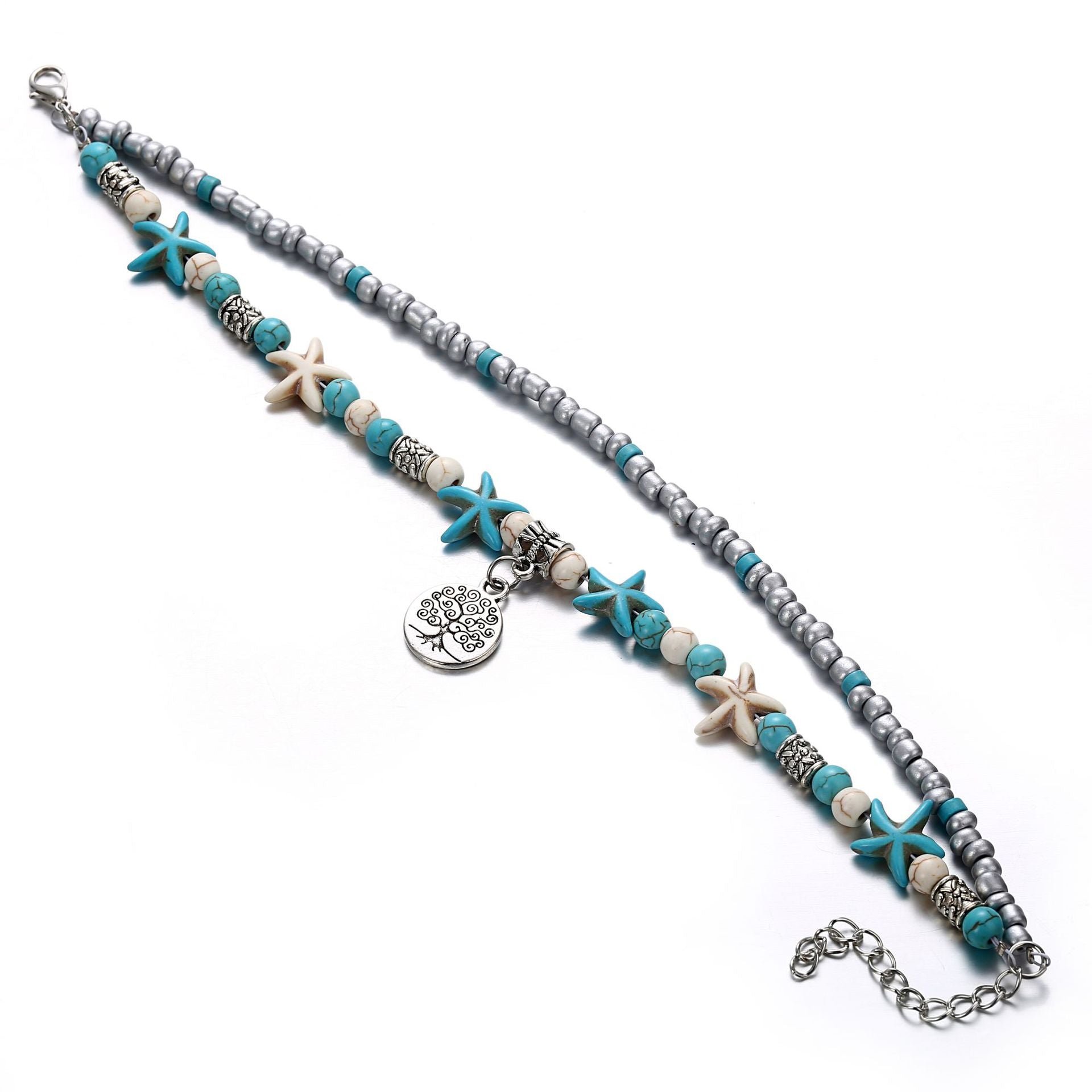 ocean-themed anklet with shells and turtles