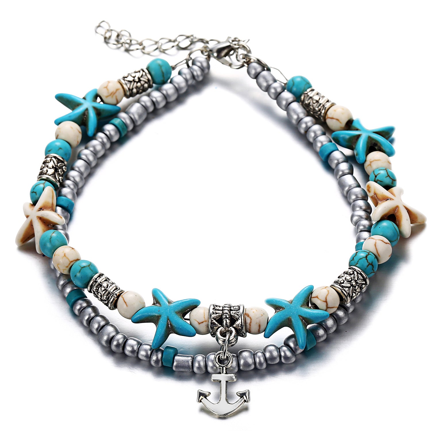 ocean-themed anklet with shells and turtles
