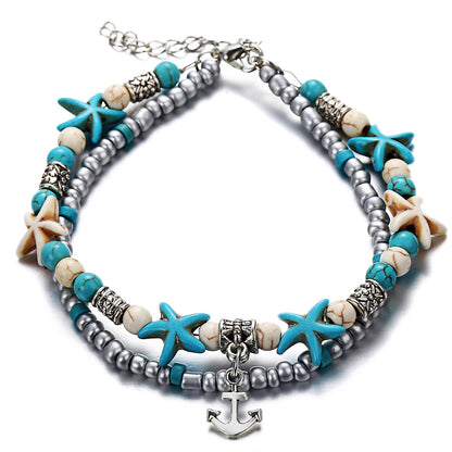 ocean-themed anklet with shells and turtles