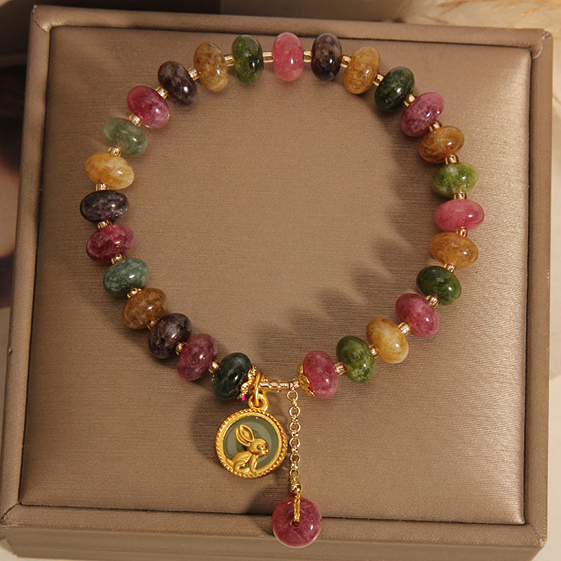 Natural multicolored tourmaline bracelet with rabbit pendant