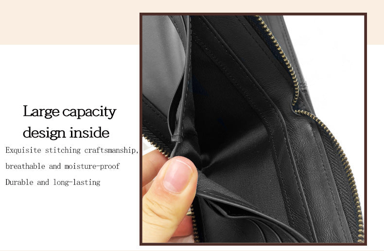 Black leather wallet with zipper and multiple card slots