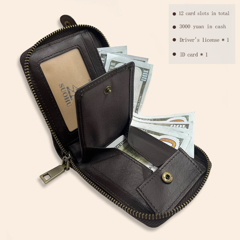 Close-up of dark coffee leather wallet features