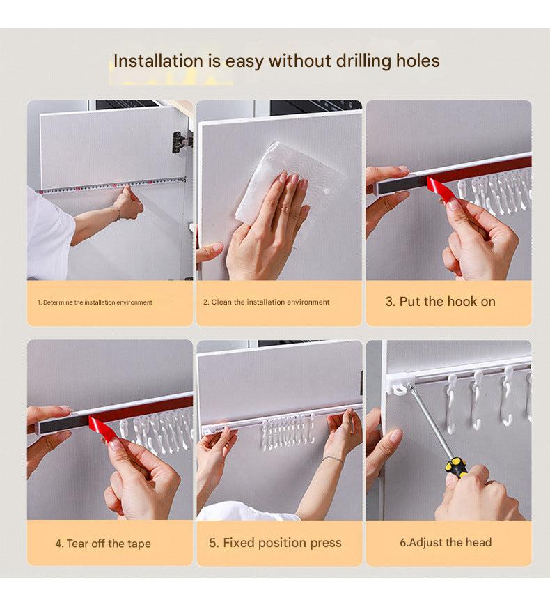 Sliding hook rack for kitchen cabinet storage