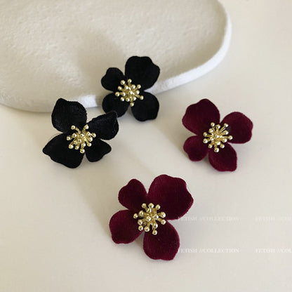 Premium Velvet Floral Earrings in Black