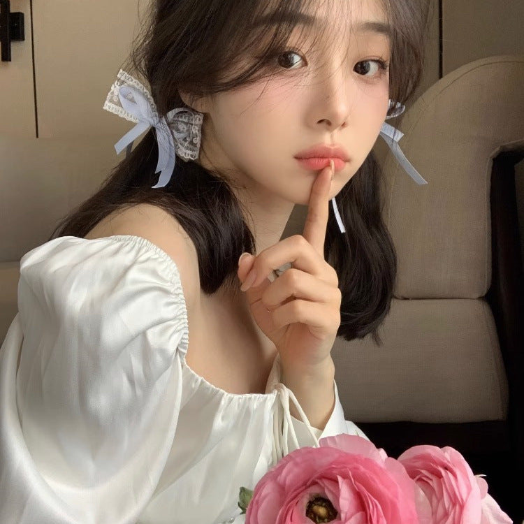Lace bow hair clip pink