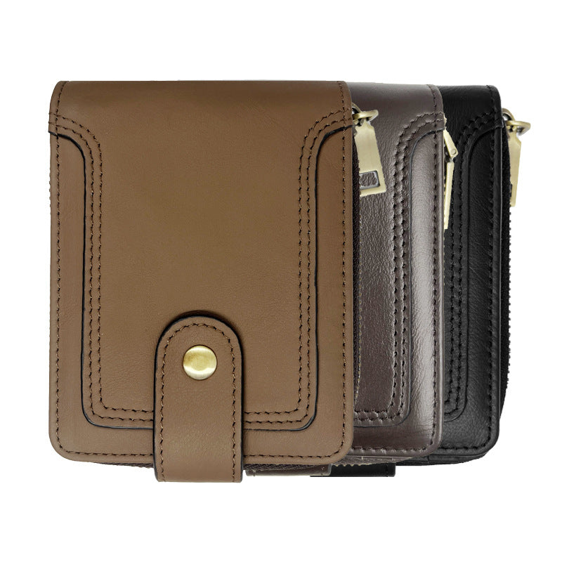 Black leather wallet with zipper and multiple card slots