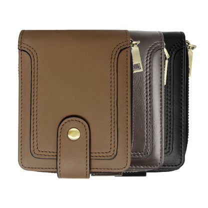 Black leather wallet with zipper and multiple card slots