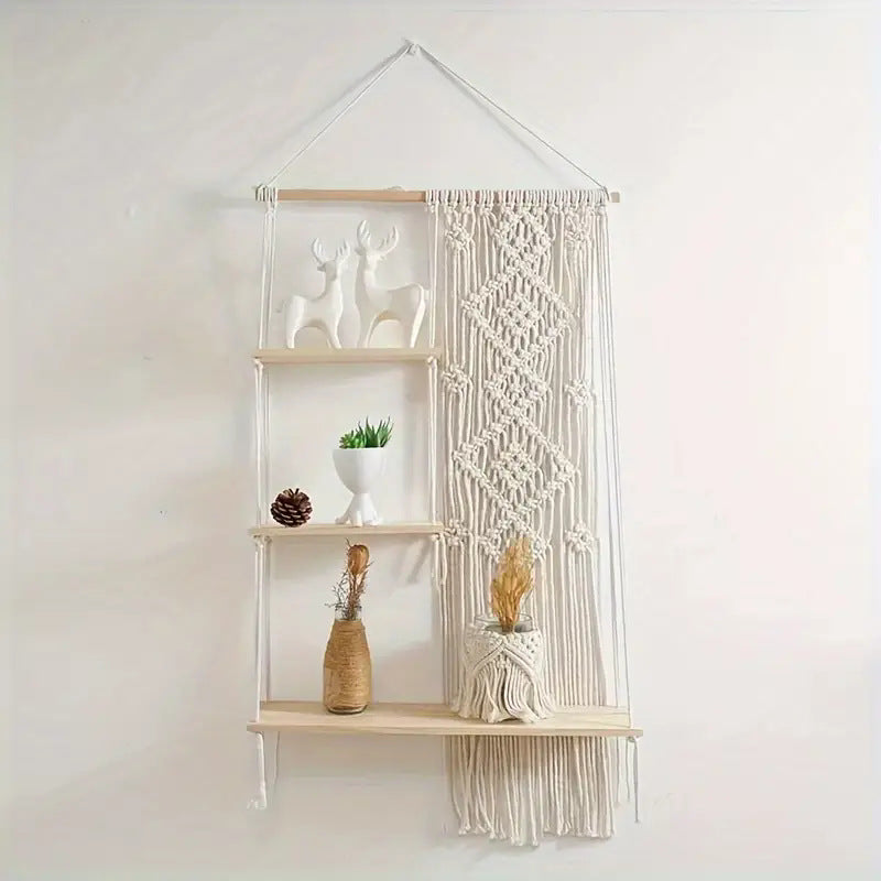Cotton rope wall shelf with decorative plants