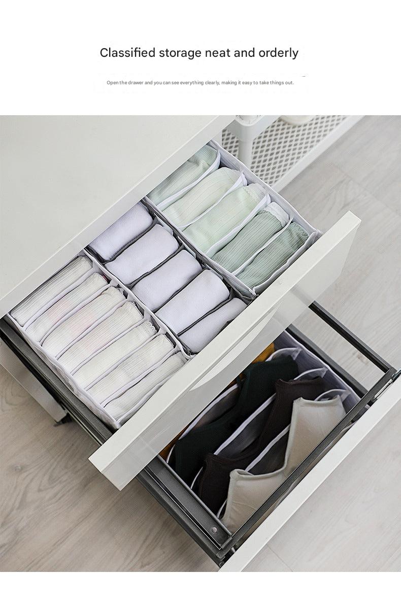 Close-up of gray fabric drawer storage box for clothes