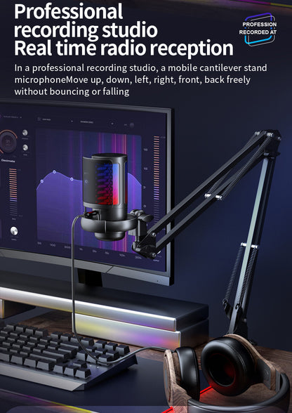 Microphone on adjustable arm with computer setup