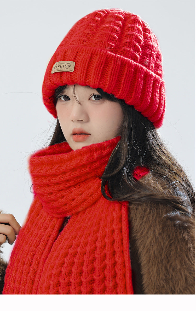 Red knit hat and scarf winter set