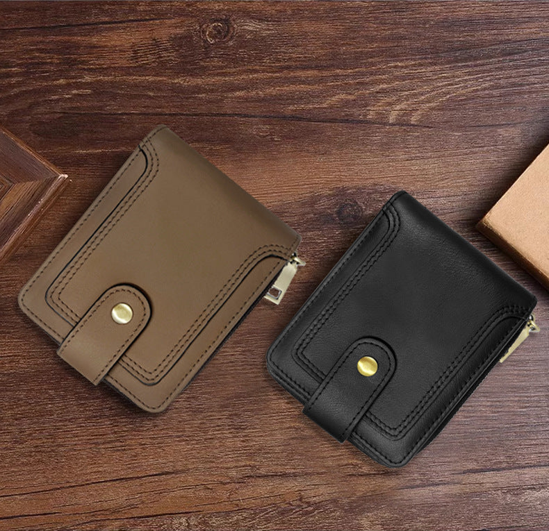 Black leather wallet with zipper and multiple card slots