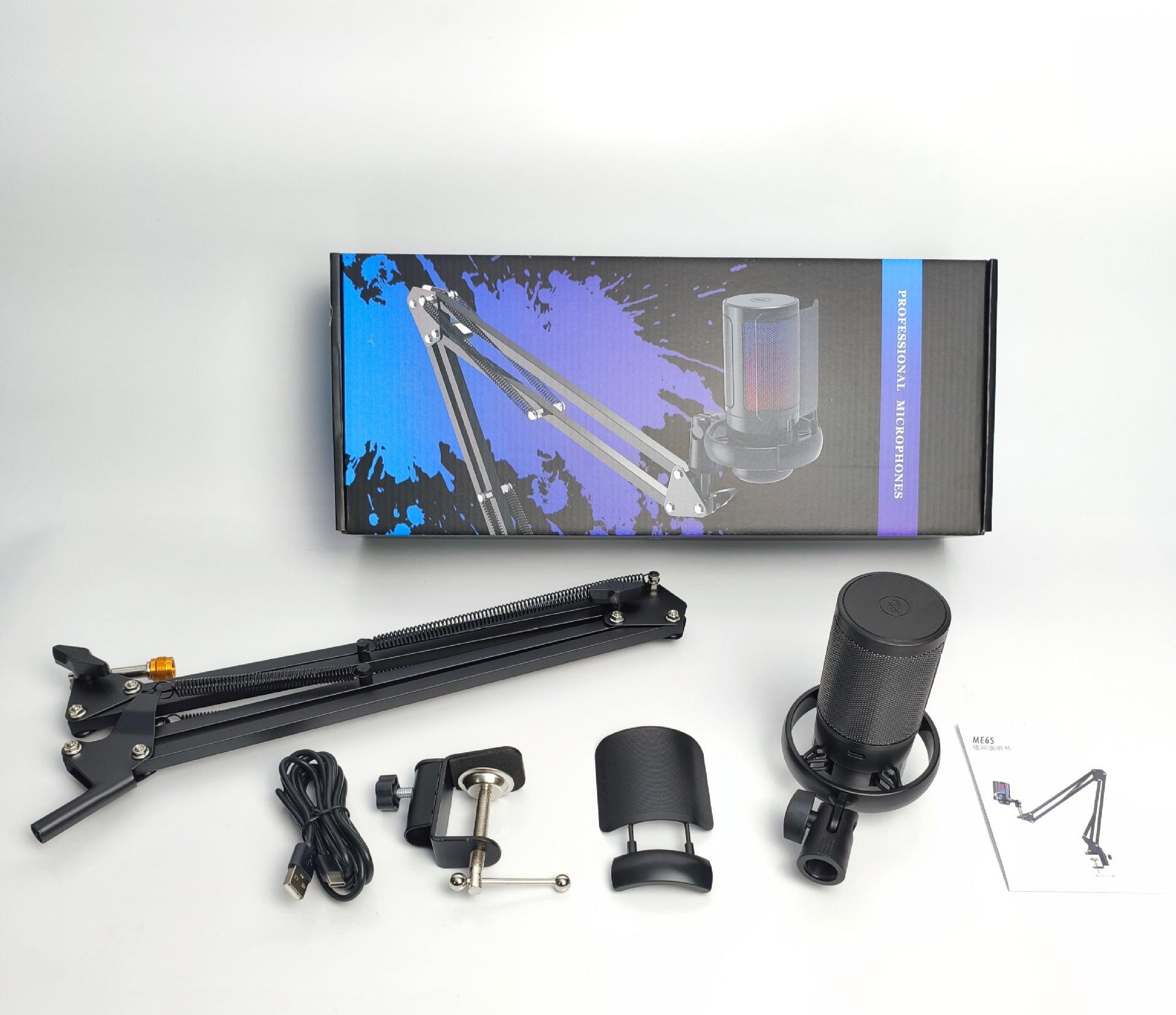 Microphone on adjustable arm with computer setup