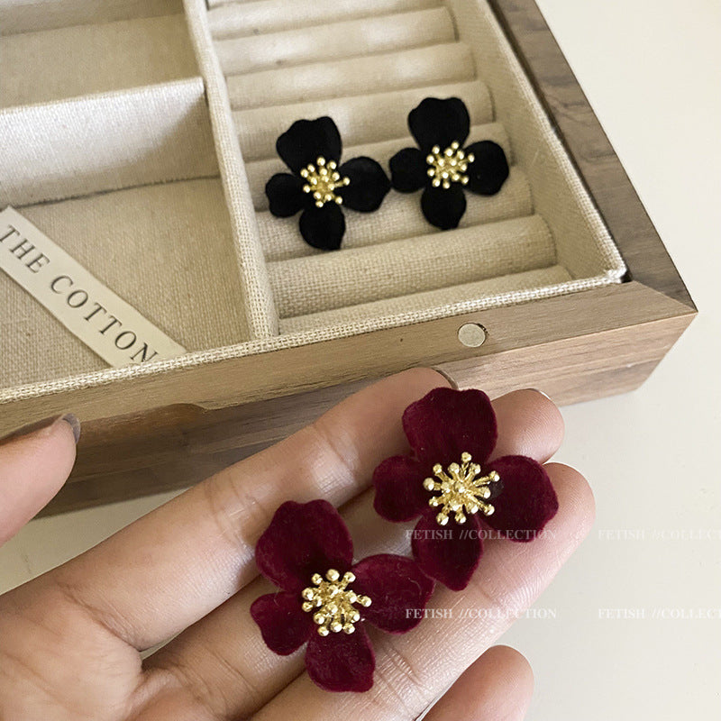 Premium Velvet Floral Earrings in Black