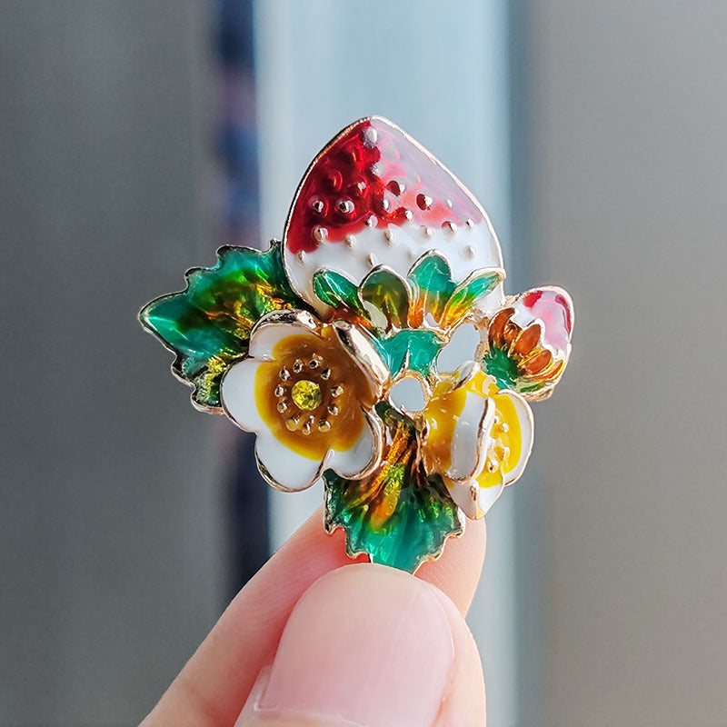 Vintage strawberry enamel pin front view